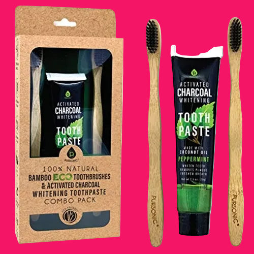 Natural Bamboo Toothbrushes & Charcoal Whitening Toothpaste Set